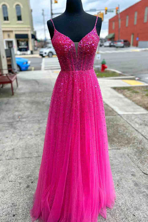 omberprom Fashion Straps Evening Dress Neon Pink Beaded A-Line Long Formal Dress