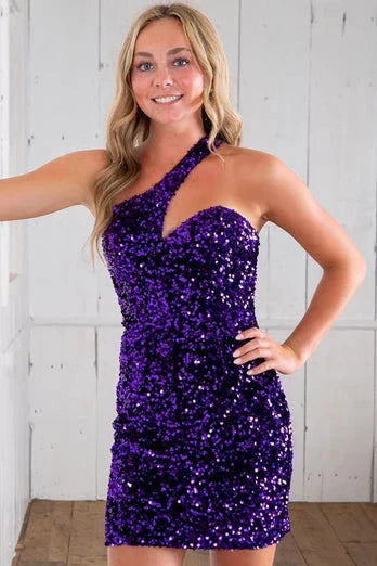 Asymmetrical Sequin Bodycon Homecoming Dress One Shoulder Cocktail Dress Plus Size