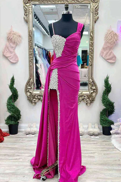 omberprom Elegant Chic Evening Dress Asymmertrical Fuchsia Beaded Long Porm Dress