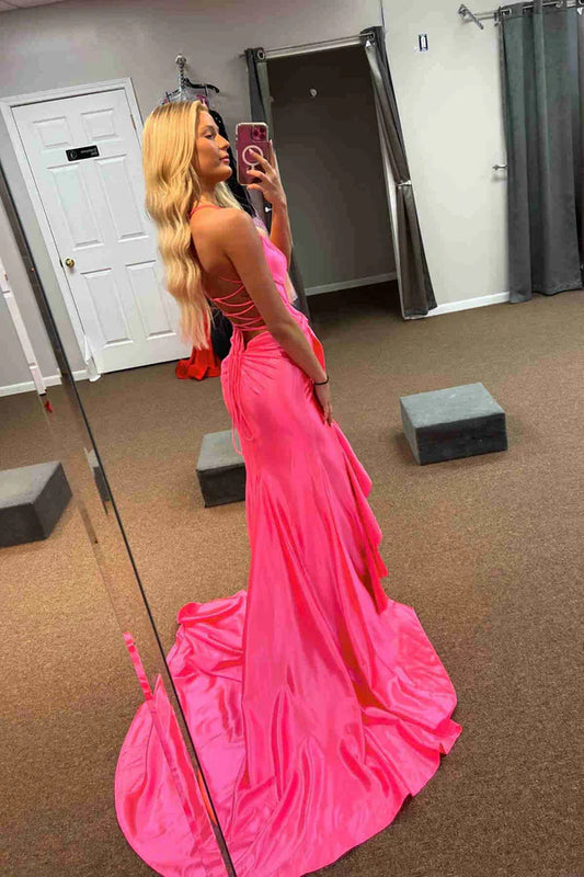 omberprom Elegant Evening Dress Straps V-Neck Satin Mermaid Prom Dress with Bow