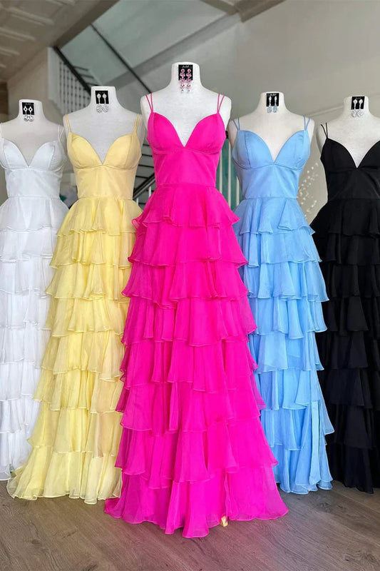 omberprom V-Neck Evening Dress Straps Ruffle Chiffon Prom Dress with Slit