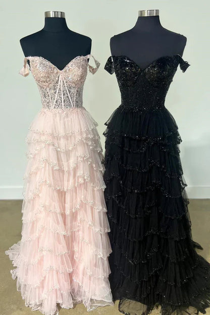 omberprom A-Line Evening Dress Sweetheart Champagne Tulle Prom Dresses with Appliques