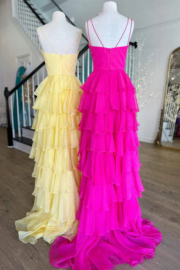 omberprom V-Neck Evening Dress Straps Ruffle Chiffon Prom Dress with Slit