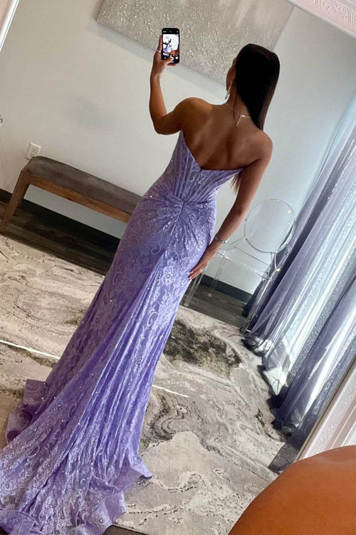 omberprom Lavender Evening Dress Strapless Lace Ruched Mermaid Prom Dress with Slit
