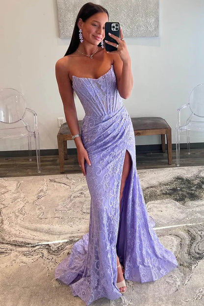 omberprom Lavender Evening Dress Strapless Lace Ruched Mermaid Prom Dress with Slit