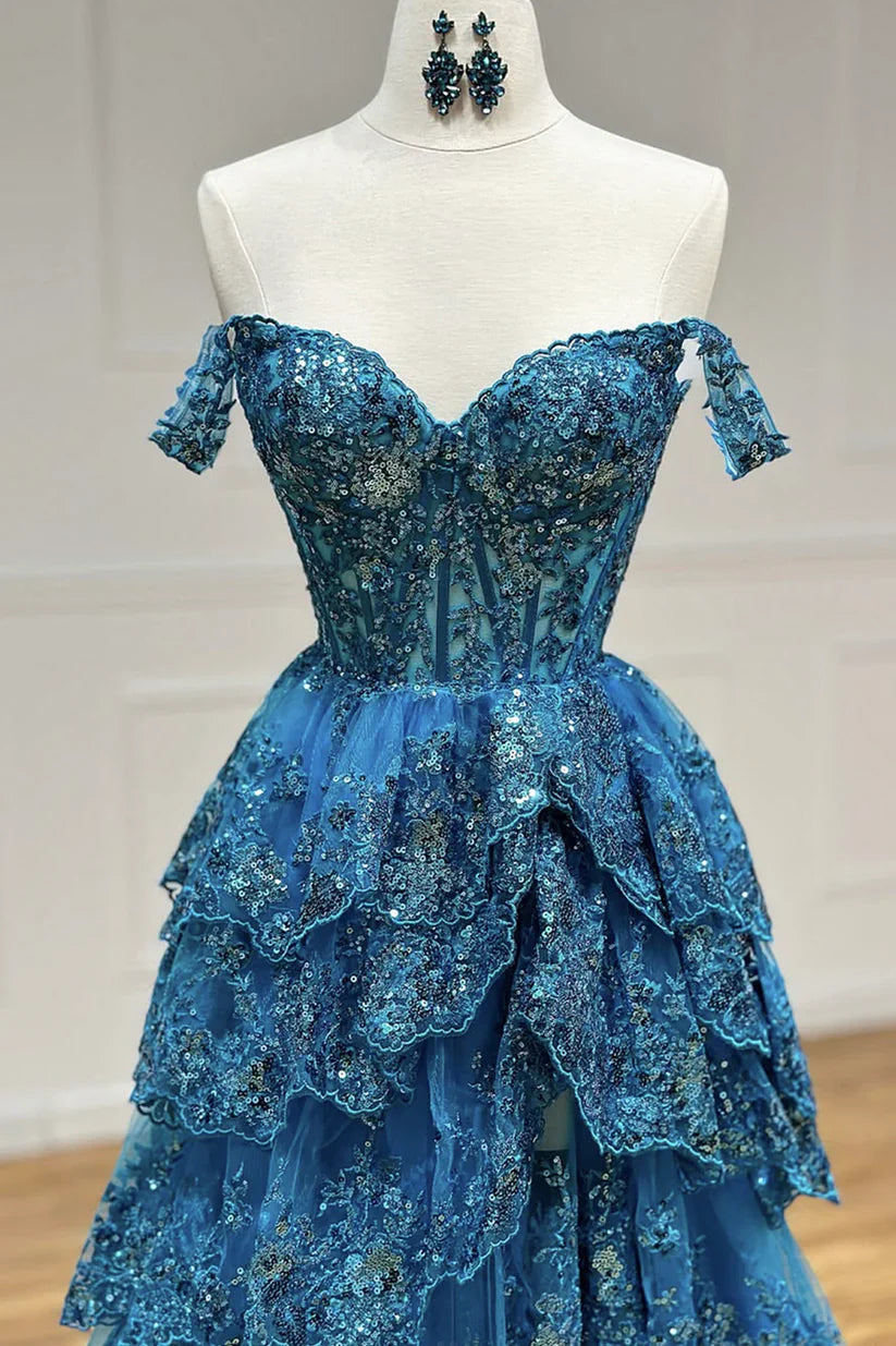 Vintage Sweetheart Sequin A-Line Sweetheart Evening Gown Off-the-shoulder Party Dress Tiered Floor Length Formal Dress TP4904