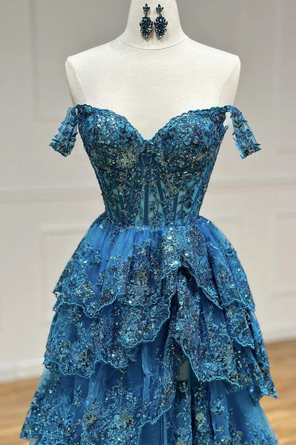 Vintage Sweetheart Sequin A-Line Sweetheart Evening Gown Off-the-shoulder Party Dress Tiered Floor Length Formal Dress TP4904