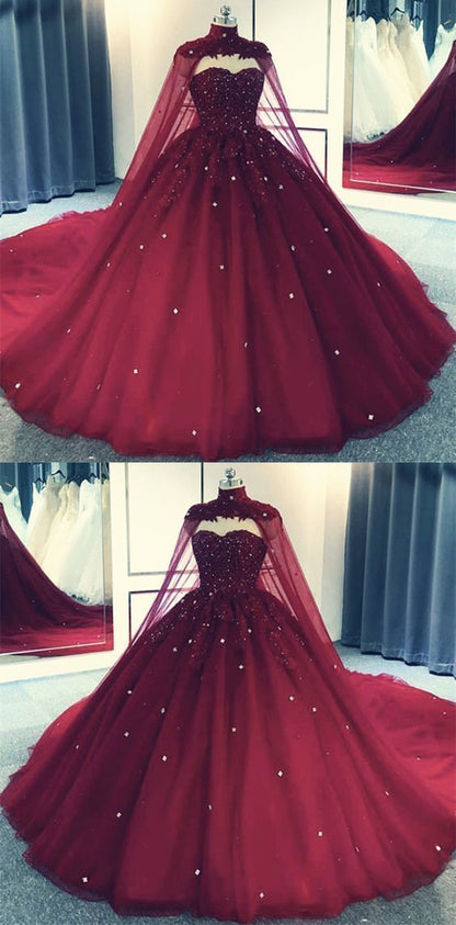 Glam Ball Gowns Quinceanera Dress Lace Applique Beaded Cape, Wine Red Prom Dresses Prom Gown
