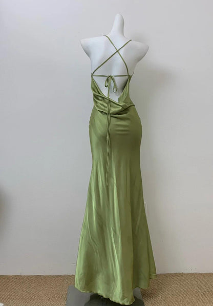 Glam Olive Green Spaghetti Straps Mermaid Satin Long Prom Dresses Prom Gown With Backless