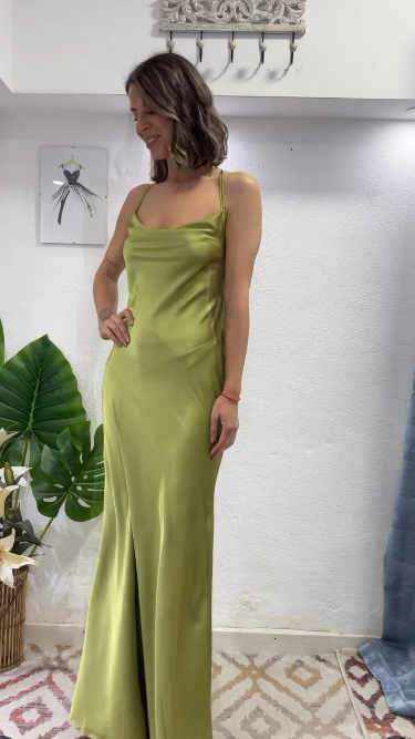 Glam Olive Green Spaghetti Straps Mermaid Satin Long Prom Dresses Prom Gown With Backless