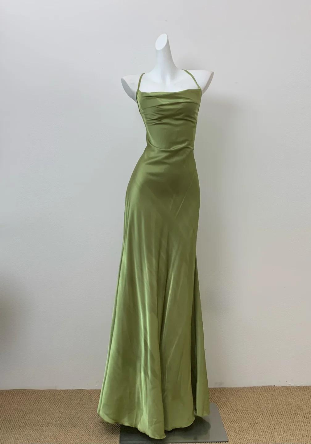 Glam Olive Green Spaghetti Straps Mermaid Satin Long Prom Dresses Prom Gown With Backless