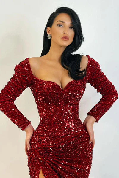 Vintage Glittering Beaded Prom Dress Sweetheart Long-sleeved Evening Gown Sheath High Slit Party Dress Long Formal Dress TP4862