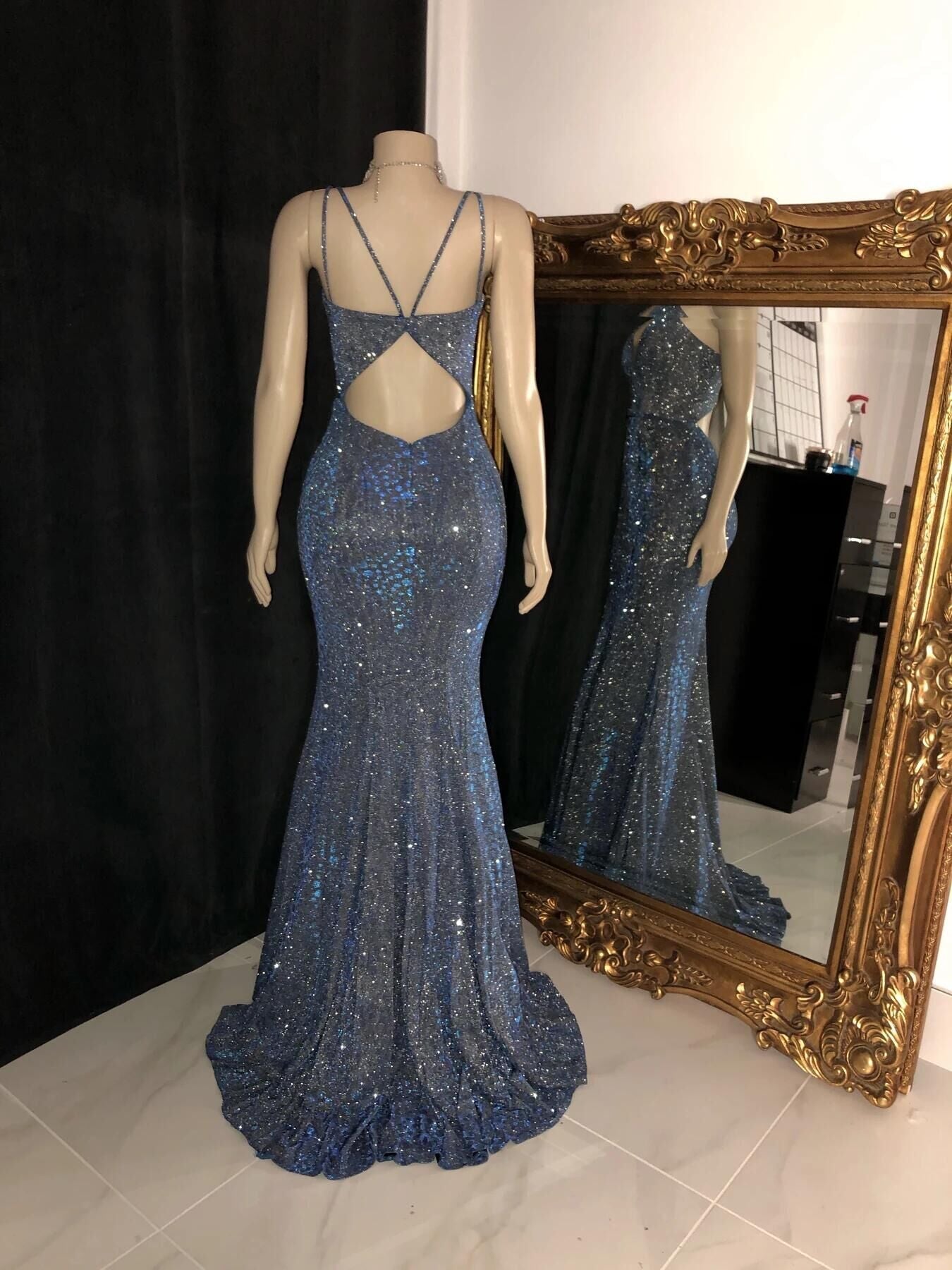 Glitter Mermaid Prom Dresses Long Spaghetti Straps V Neck Open Back Prom Gown