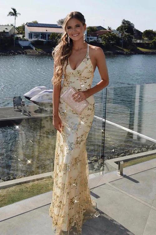 omberprom Fashion Lace-Up Mermaid Long Gold Prom Dress with Sequins