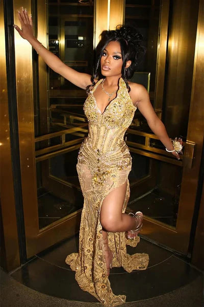 Elegant Gold Beaded Sheath Halter-Neck High Slit Evening Gown Prom Dress TP5229