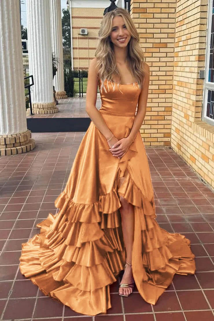 Strapless A Line Lace-Up Ruffled Tiered Prom Dress with Slit