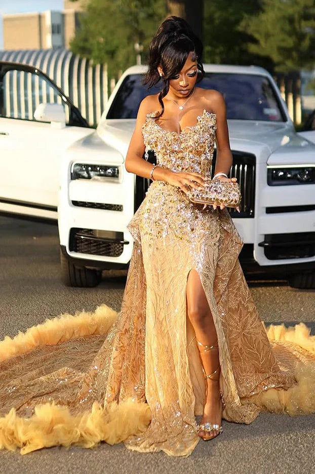 Gorgeous Golden Strapless Prom Dress Beaded Evening Gown High Slit Party Dress Trailing Long Formal Dress TP4868