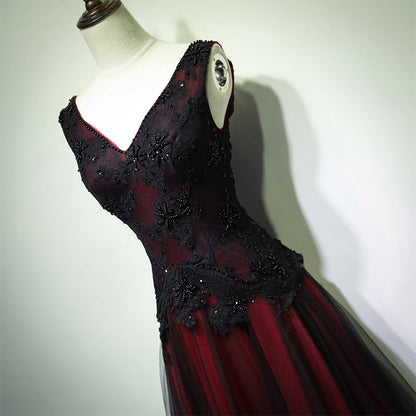 Gorgeous Black And Red V-Neckline Tulle Beaded Prom Dresses, Long Prom Gowns