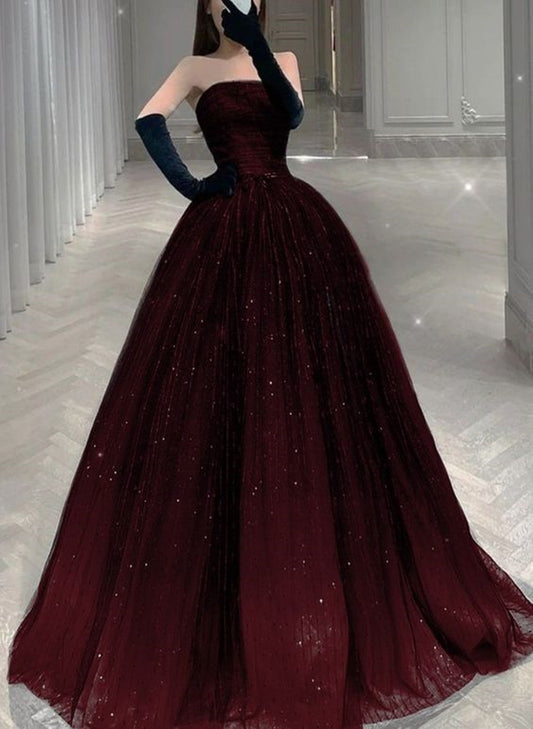 Gorgeous Black And Tulle Shiny Tulle Long Prom Dresses, Black And Red Prom Gowns