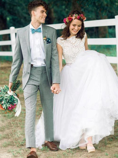 Graceful Tulle Bateau Neckline Cap Sleeves A-line Wedding Dresses With Beadings Elegant