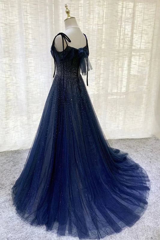 Dark Blue Gorgeous Shiny Sequins Long Elegant Tulle Ball Gowns Prom Dresses