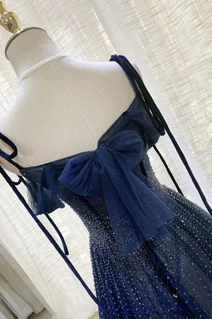 Dark Blue Gorgeous Shiny Sequins Long Elegant Tulle Ball Gowns Prom Dresses