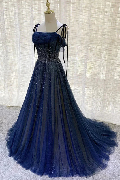 Dark Blue Gorgeous Shiny Sequins Long Elegant Tulle Ball Gowns Prom Dresses