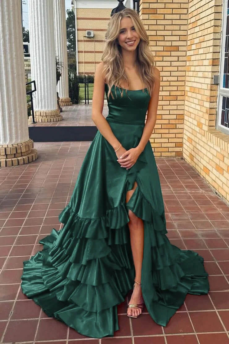 Strapless A Line Lace-Up Ruffled Tiered Prom Dress with Slit