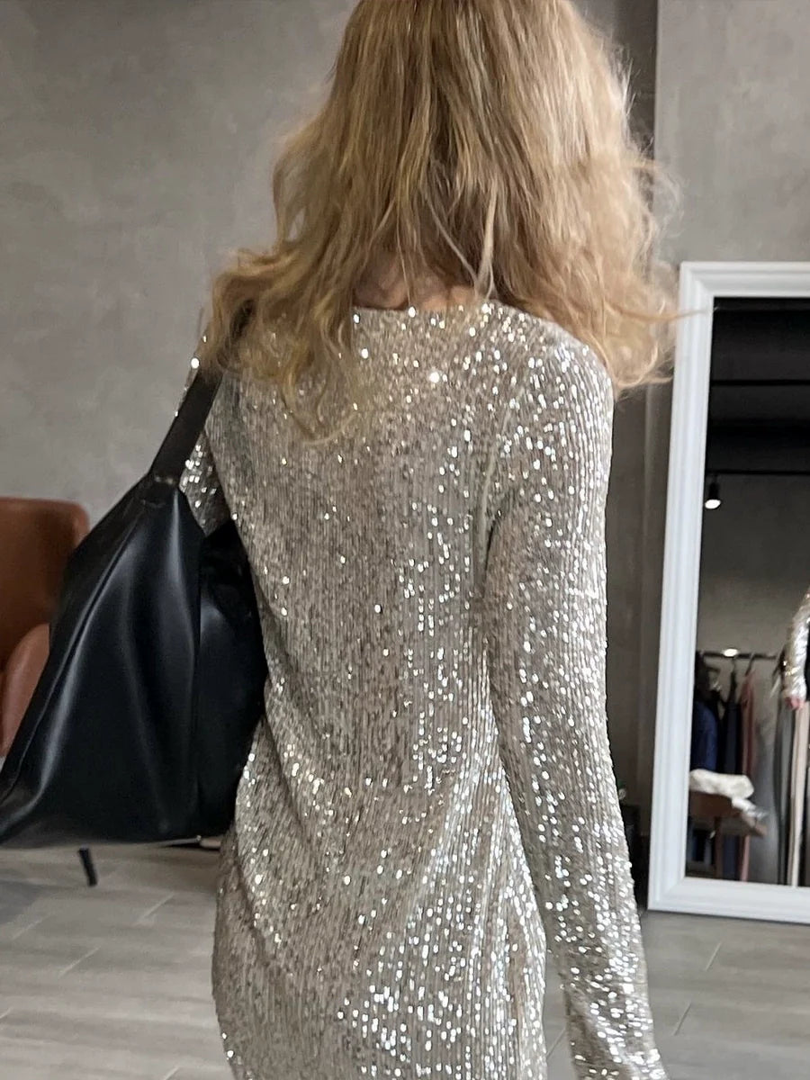 silver sequin long-sleeved dress round neck outer wear T-shirt top     S6032