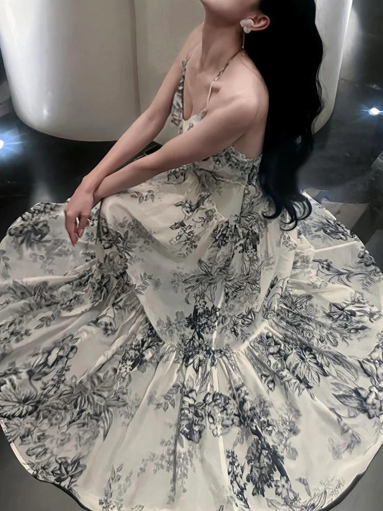 retro print halter dress summer new party dress   S6138