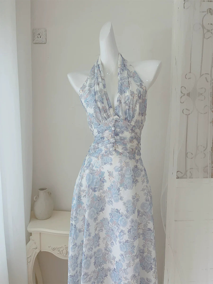 Halter neck printed floral dress long evening party dress     S5985