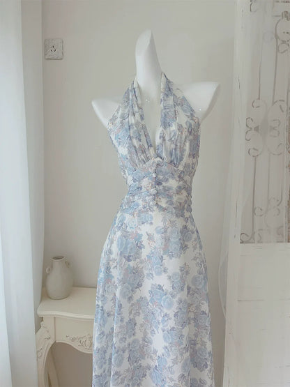 Halter neck printed floral dress long evening party dress     S5985