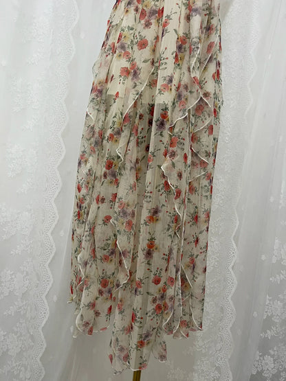 New arrival elegant ruffled halter neck floral slit backless midi dress holiday dress    S5769
