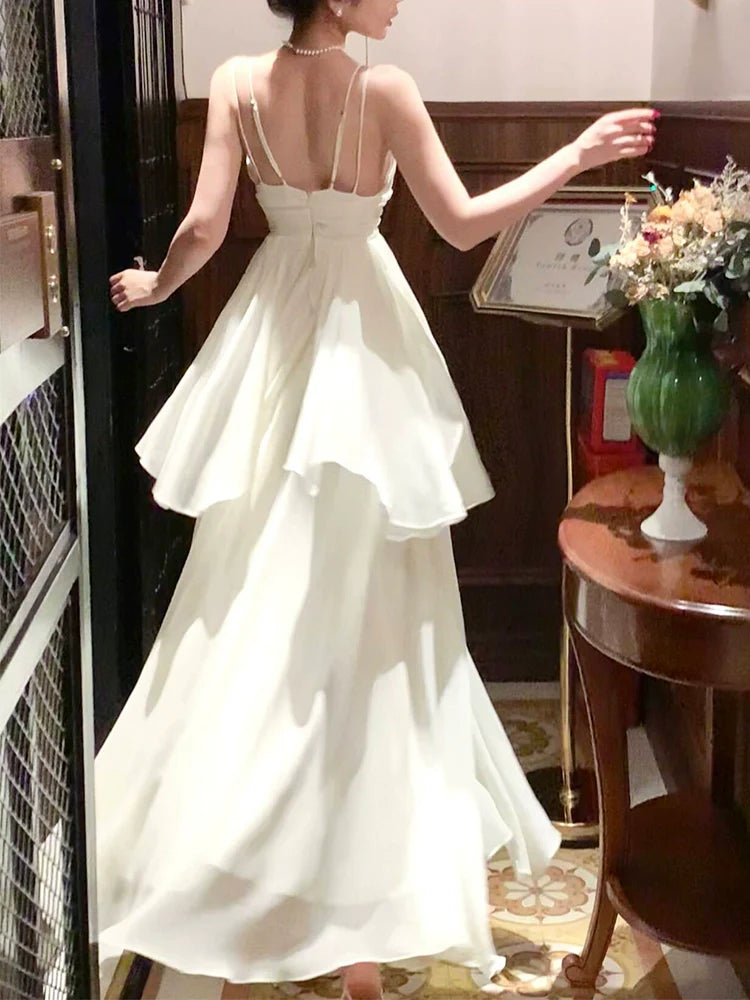 Design double-layer ruffled dress V-neck backless party dress      S6035