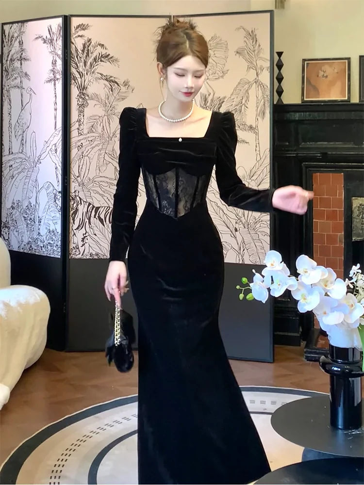 black velvet dress square neck long sleeve party dress    S6104