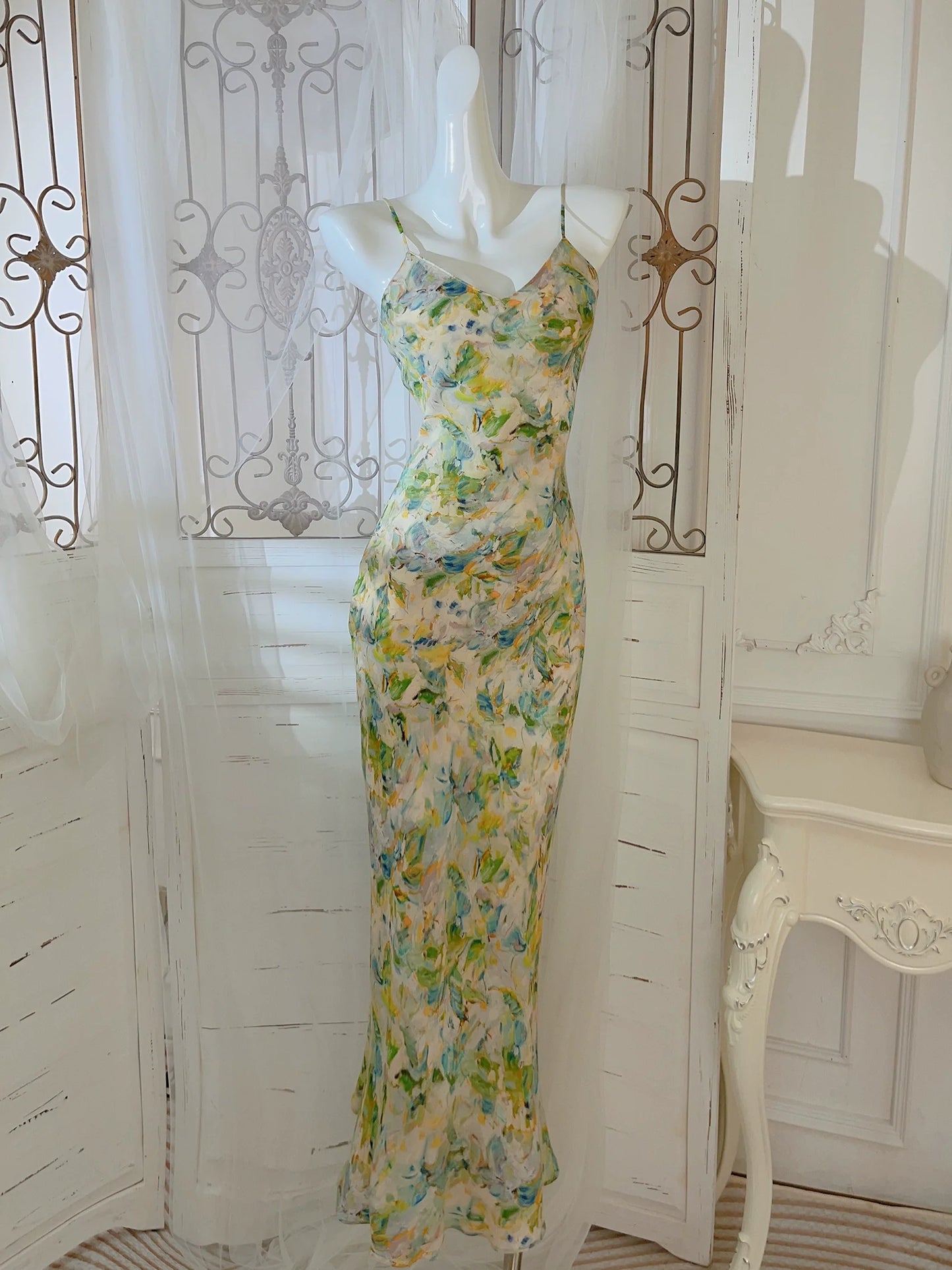 painting new long floral dress party dress     S6038