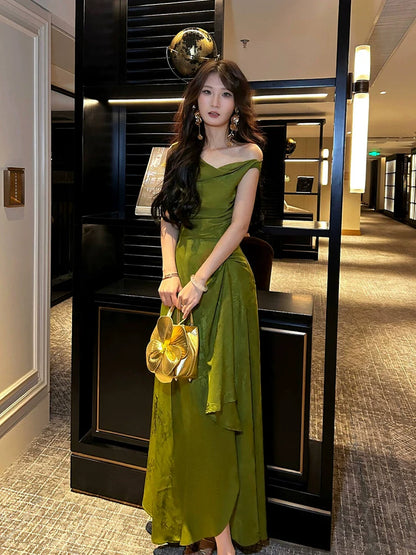 Jacquard off-shoulder dress long party dress     S6152