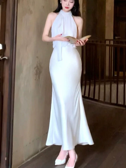 Silk splicing satin mermaid halter neck dress     S6037