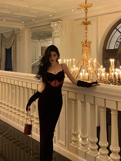 Red velvet suspender dress winter new banquet dress      S5677