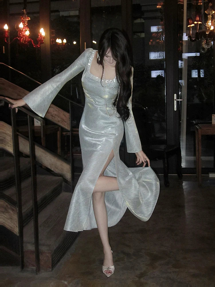 French square neck bubble long sleeve dress mermaid party dress    S6058