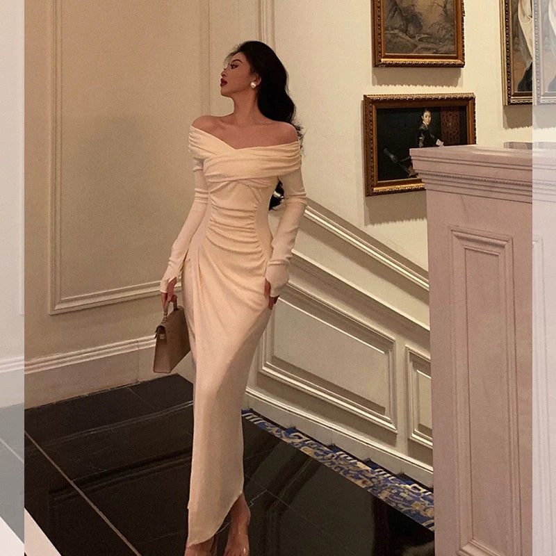 Off the shoulder Long-sleeved dress pleated party dress     S5539