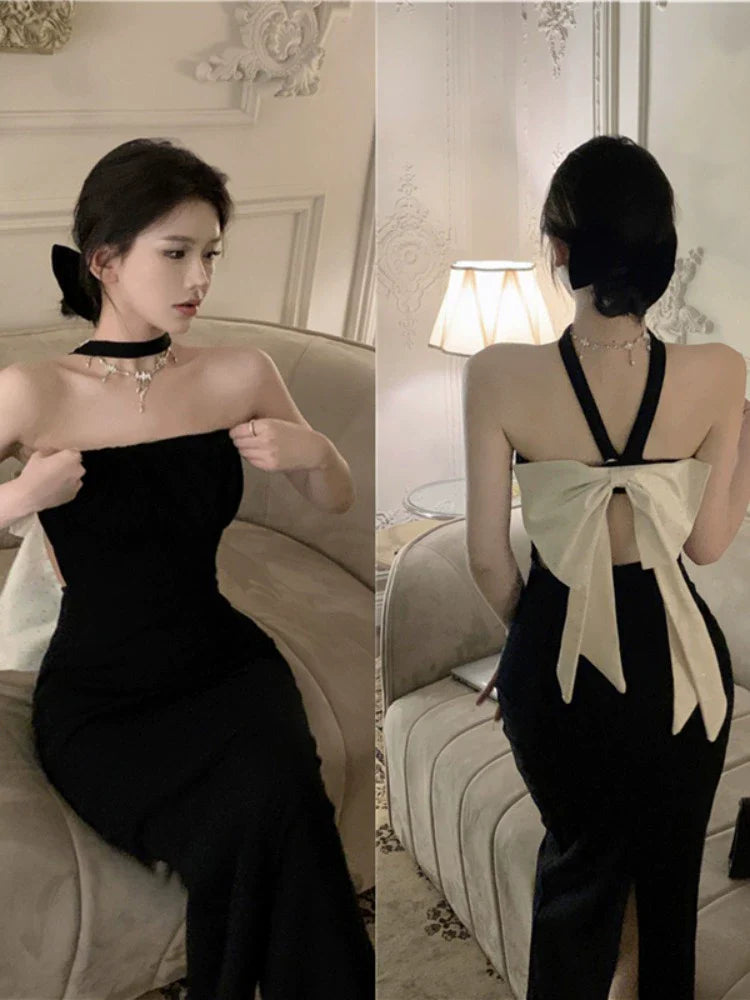 Black halter neck dress for women banquet party dress      S5879