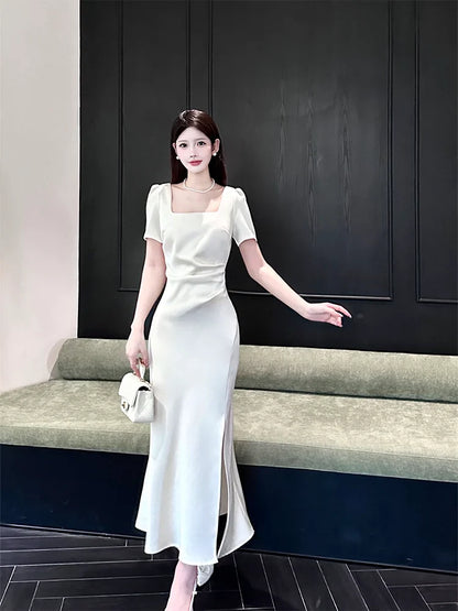 White short-sleeved dress elegant engagement dress satin long dress    S5953