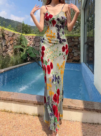 spaghetti straps flower dress new long party dress    S6055