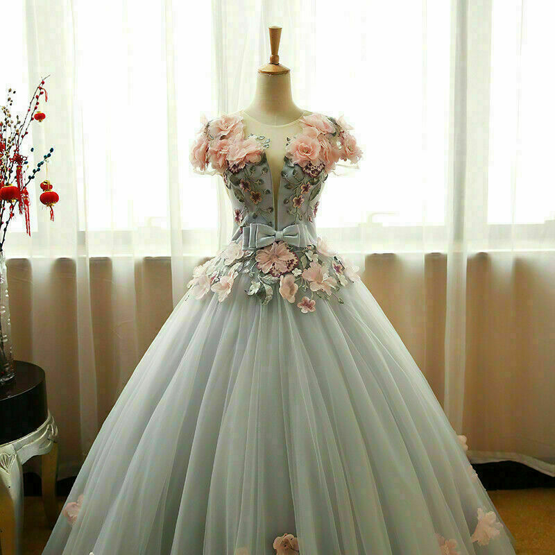 Grey Ball Gowns 3D Flowers Princess Prom Gowns, Sweet 16 Prom Dress Grey Prom Dresses
