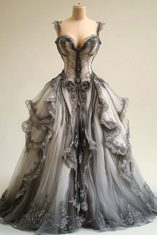 Grey V-Neck Lace Tulle Long Ball Gowns, Vintage Prom Dresses