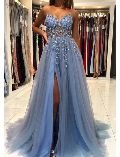 omberprom A-Line Prom Dresses Evening Gowns Dress Formal Wear Dresses Wedding Guest Court Train Sleeveless V Neck Tulle with Beading