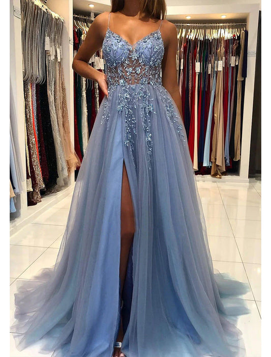 omberprom A-Line Prom Dresses Evening Gowns Dress Formal Wear Dresses Wedding Guest Court Train Sleeveless V Neck Tulle with Beading