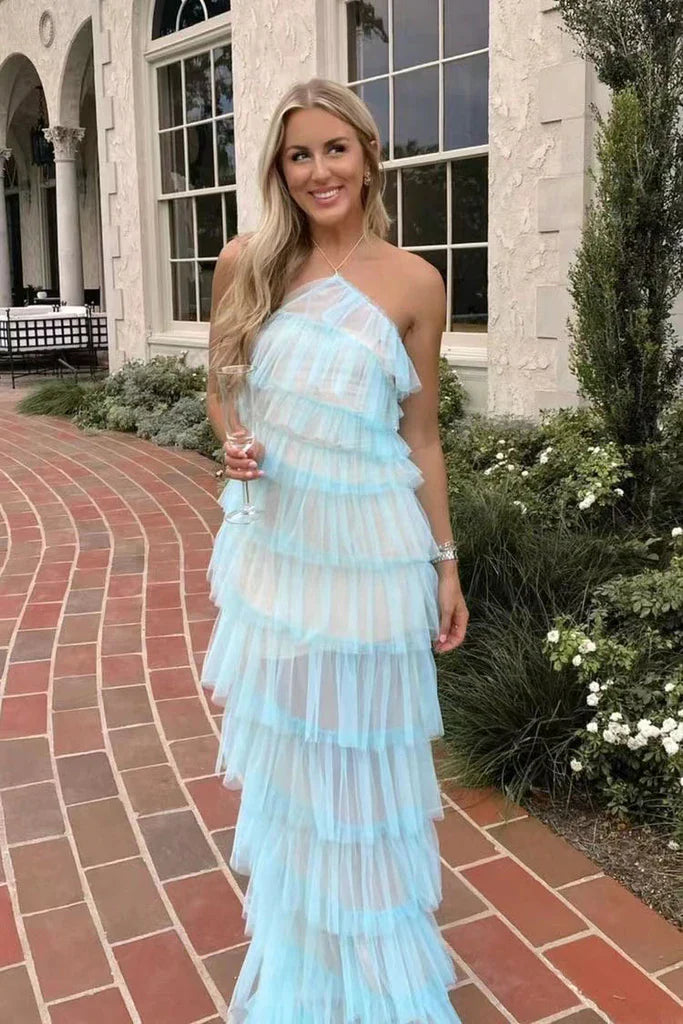 PM096,New Style Halter Ruffles Tulle Prom Dress With Slit, Charming Long Party Dress