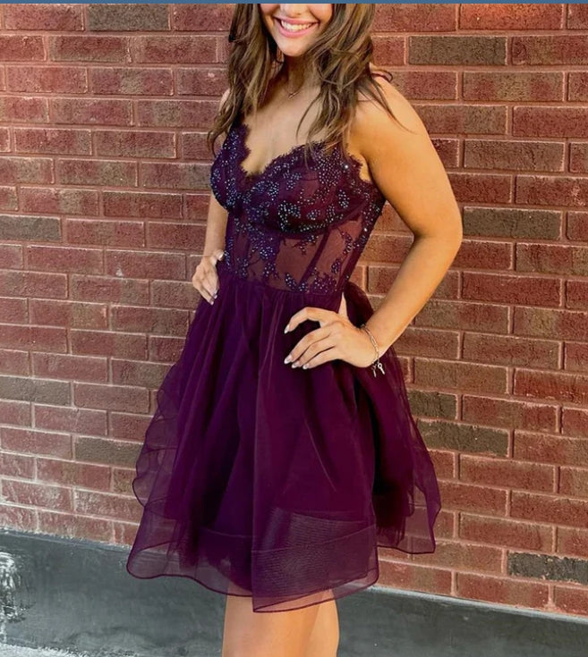 omberprom Straps A-line Tulle Homecoming Dress Sexy Party Dress Short Graduation Dress